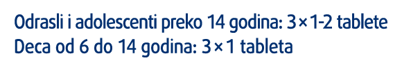 Odrasli i adolescenti preko 14 godina: 3   1-2 tablete Deca od 6 do 14 godina: 3   1 tableta